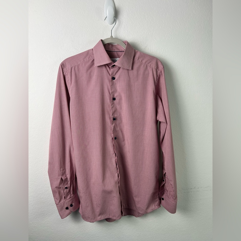 Eton Red & White Checked Cotton Dress Shirt Made in Romania Europe